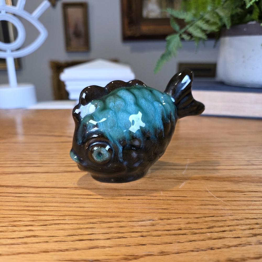 Vtg Blue Mountain Pottery Frog & Fish Figurines - Green Drip Glaze MCM Canada